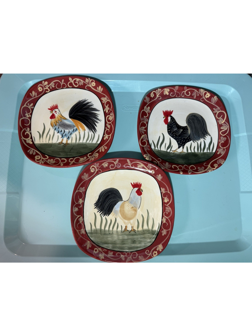 Set of 3 Rooster Salad Plates 7.75" Square, Food or Decorative Farmhouse Service